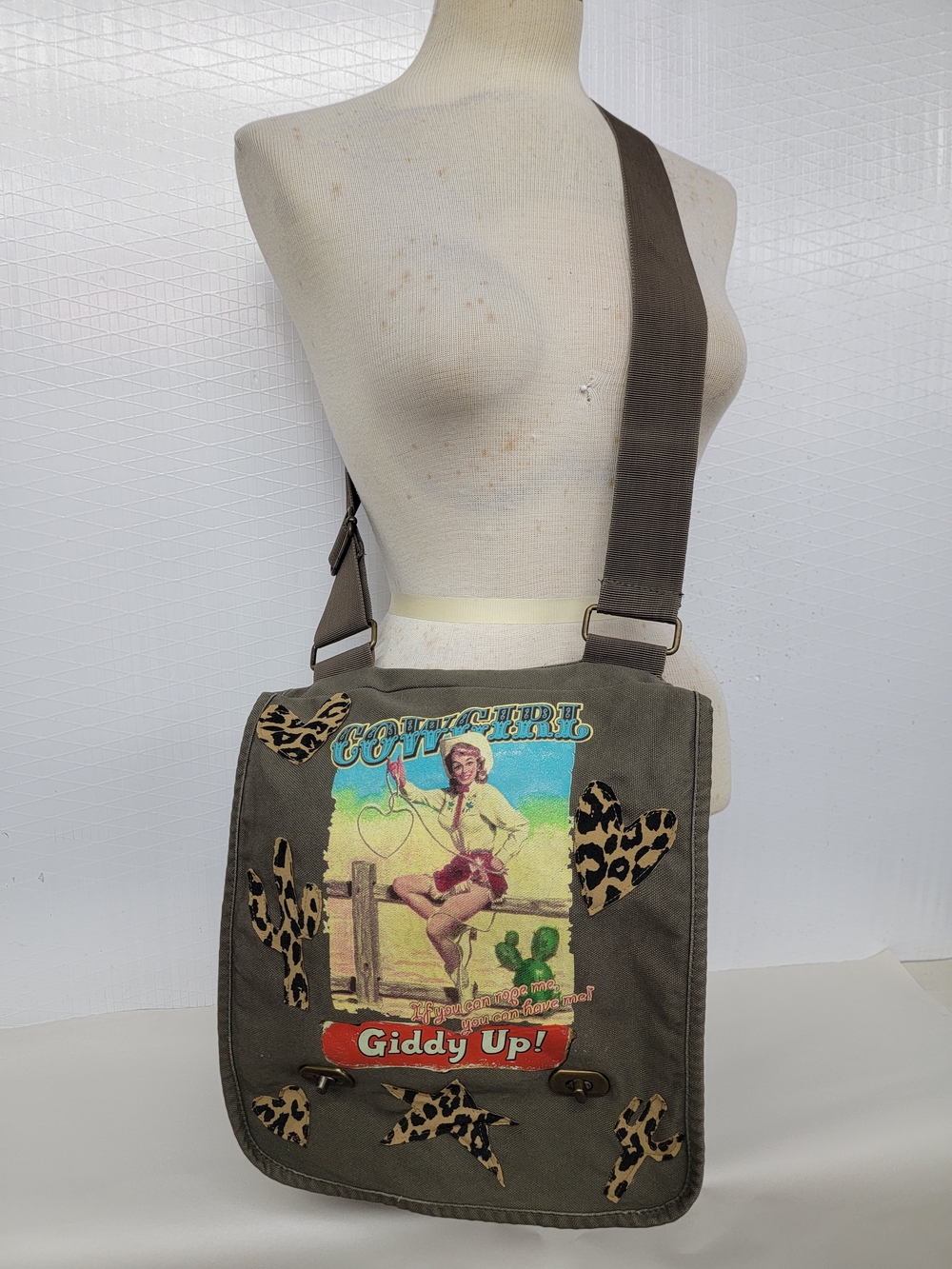 Giddy Up! Cowgirl Canvas Messenger Bag - Upcycled Vintage